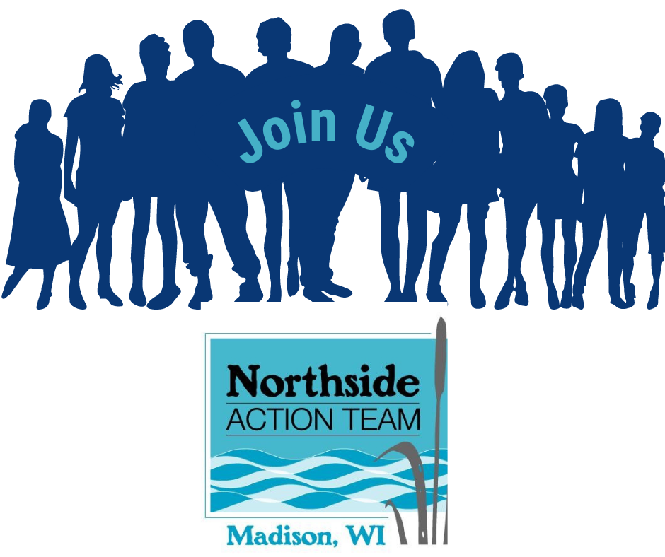Animated group of people standing together with words "Join Us" above Northside Action Team Logo